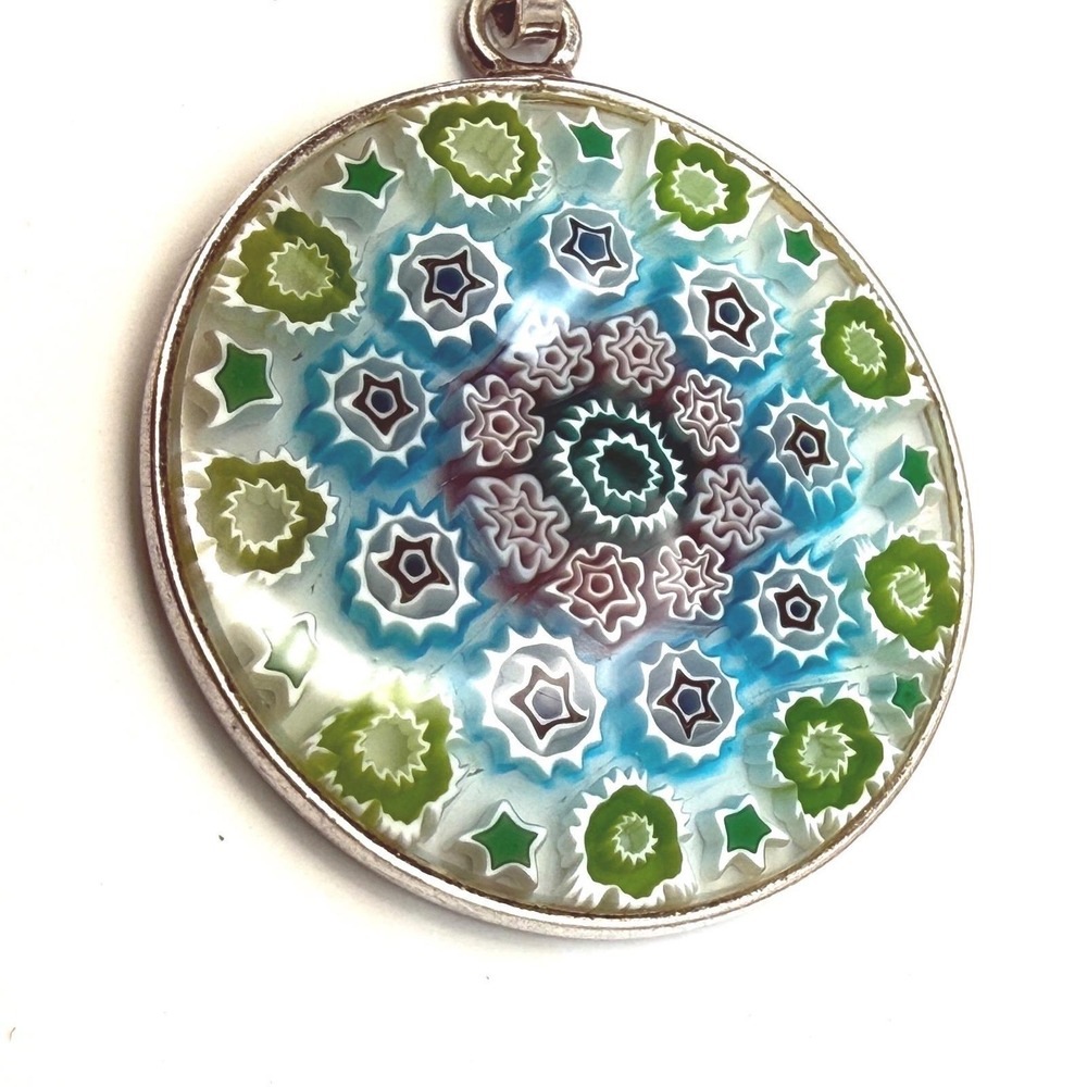 Vintage Murano Millefiori Glass Pendant 925 Italy Round Blue Green‎ Floral